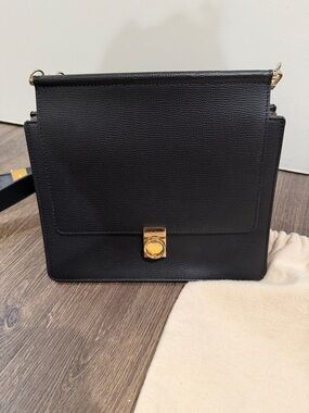 Polene Black Leather Shoulder Bag with Gold Turn-Lock